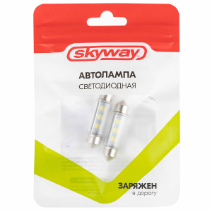 Автолампа диод T11 (C5W) 12V  6 SMD 1-конт 39мм Белая SKYWAY комп.2 шт салон/номер