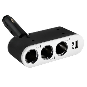 Разветвитель прикуривателя 3 гнезда + USB черный-хром, предохранитель 5А, USB 1A SKYWAY
